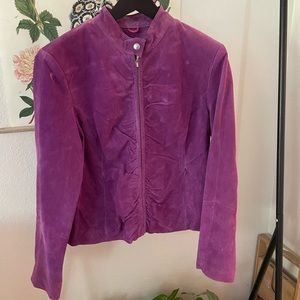Purple women’s leather jacket with light green liner